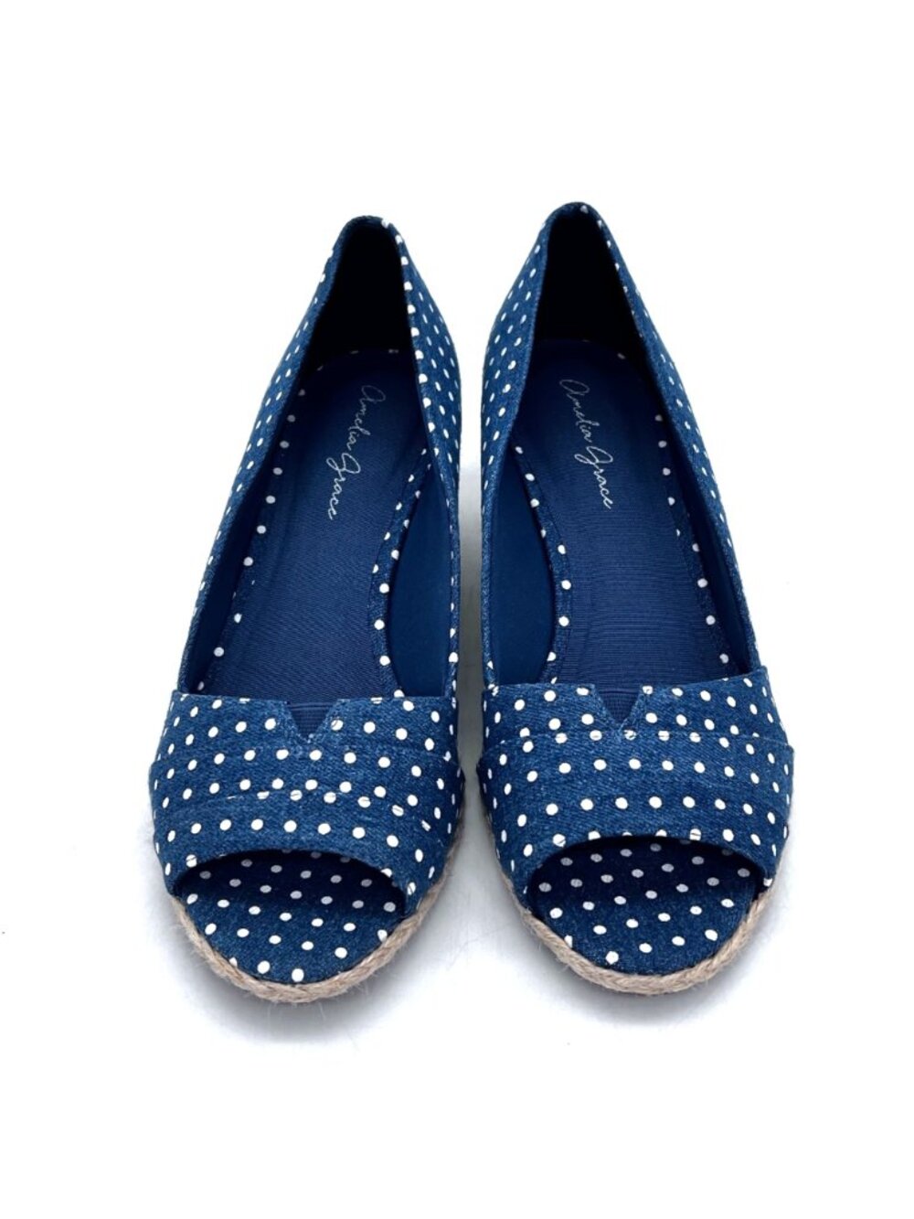 Amelia Grace Blue Polka Dot Open-Toe Wedge Shoes Braid Rope Detail Womens 9.5 - Picture 3 of 13